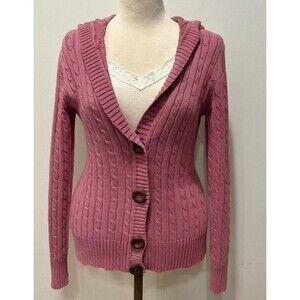 Vtg Old Navy Y2K Sweater M Button Up Cable Knit Preppy Hooded Academia